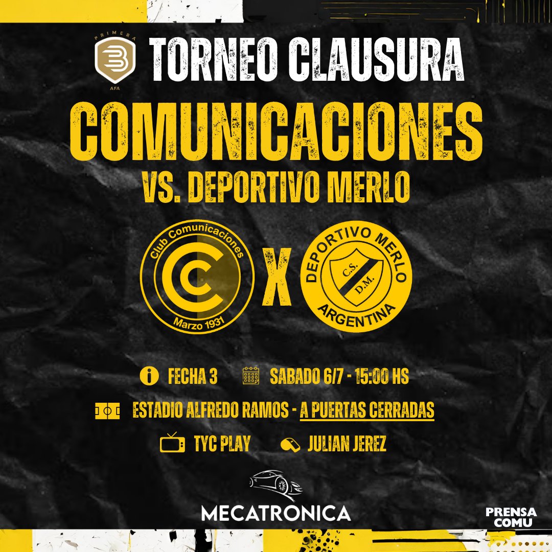 #JuegaComu 💛🖤

🌓 Este sábado a las 15:00 hs. recibimos a <a href="/cdeportivomerlo/">Deportivo Merlo 🇫🇮</a>.

⚠️ EL PARTIDO SERÁ A PUERTAS CERRADAS por disposición del Comité de Prevención y Seguridad para Eventos Deportivos de CABA ⚠️

🤝🏻 Publicación auspiciada por Mecatrónica.