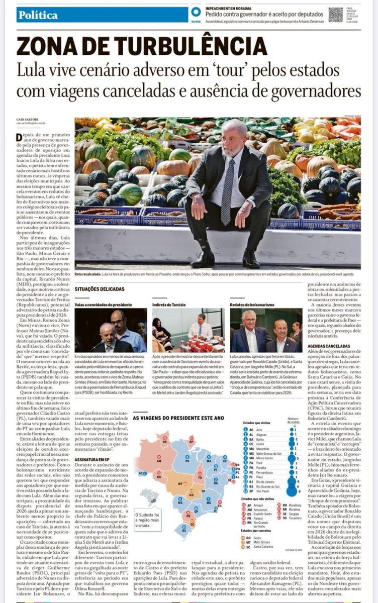 lcoutinho's tweet photo. O presidente @LulaOficial não entendeu que ele não ganhou a eleição passada. Foi Bolsonaro que perdeu como resultado de uma combinação de surtos psicóticos armados de seus aliados, ativismo judicial, sabotagem na imprensa e nas plataformas de mídia social. Esta imagem de fim de feira que o @JornalOGlobo nos brinda é um retrato de um presidente umbiguista que governa cercado de acólitos que reforçam o engano de que o presidente-divino está sempre certo e é uma eterna vítima do mercado e quem sabe do mundo. Ao invés de marchar para o centro buscando conciliação e desenvolvimento, Lula adota o que há de pior em seu estilo, partido e aliados. Bastava adaptar o seu primeiro mandato à realidade de hoje. Mas Lula não sabe governar na adversidade.