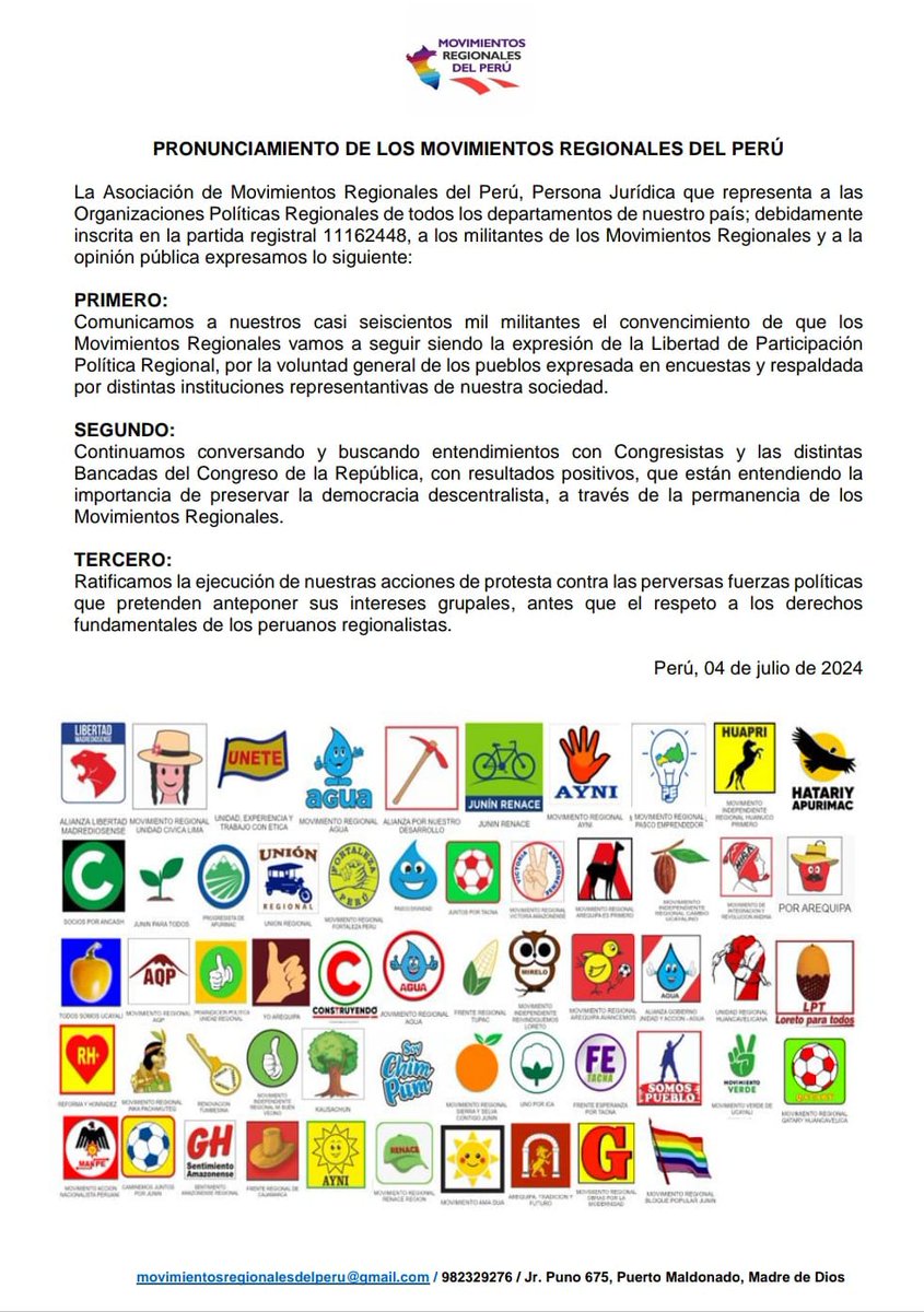 Asociación de Movimientos Regionales del Perú (@movregionales) on Twitter photo <a href="/MovRegionales/">Asociación de Movimientos Regionales del Perú</a> avanzando en conseguir respaldo para la defensa de la Libertad de Participación Política Regionalista
<a href="/larepublica_pe/">La República</a> <a href="/Latina_Noticias/">Latina Noticias</a> <a href="/RPPNoticias/">RPP Noticias</a> <a href="/exitosape/">Exitosa Noticias</a> <a href="/peru21noticias/">Perú21</a> <a href="/canalN_/">Canal N</a> <a href="/PTV_Noticias/">Panamericana Noticias</a> <a href="/elcomercio_peru/">El Comercio</a> <a href="/PTV_Noticias/">Panamericana Noticias</a> <a href="/rmapalacios/">Rosa María Palacios</a> <a href="/ensustrece/">Semanario Hildebrandt en sus trece</a> <a href="/MovRegionales/">Asociación de Movimientos Regionales del Perú</a> avanzando en conseguir respaldo para la defensa de la Libertad de Participación Política Regionalista
<a href="/larepublica_pe/">La República</a> <a href="/Latina_Noticias/">Latina Noticias</a> <a href="/RPPNoticias/">RPP Noticias</a> <a href="/exitosape/">Exitosa Noticias</a> <a href="/peru21noticias/">Perú21</a> <a href="/canalN_/">Canal N</a> <a href="/PTV_Noticias/">Panamericana Noticias</a> <a href="/elcomercio_peru/">El Comercio</a> <a href="/PTV_Noticias/">Panamericana Noticias</a> <a href="/rmapalacios/">Rosa María Palacios</a> <a href="/ensustrece/">Semanario Hildebrandt en sus trece</a>