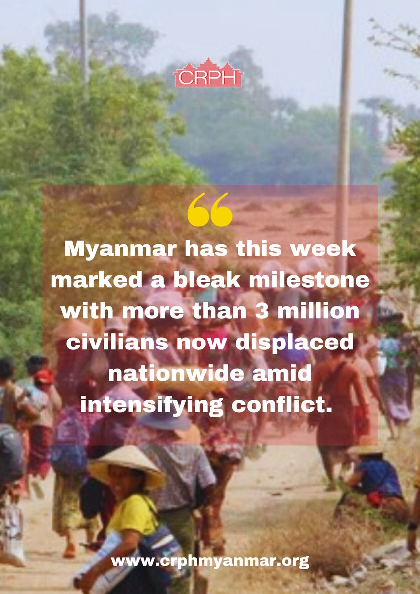 CrphMyanmar's tweet photo. What is happening in MYANMAR?

The number of people in #Myanmar forced from their homes by conflict now exceeds more than 3️⃣ million in what the United Nations has described as a “bleak milestone” for the country.

#ForcedToFlee

↪️ https://t.co/PKqs2tp451 https://t.co/Ml2CirCFiN