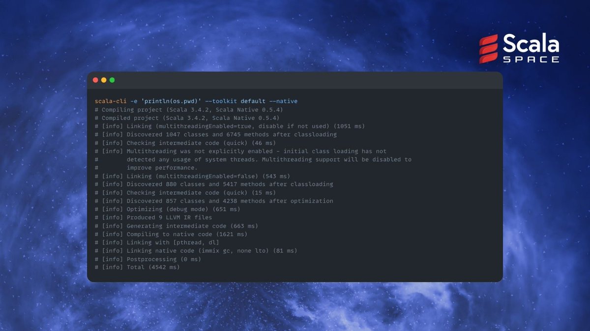 ScalaSpace's tweet photo. Exciting news, #ScalaCLI 1.4.0 is out! 🔥
Among other things, it updates #ScalaToolkit to default to 0.4.0, which now makes it possible to use it with #ScalaNative 0.5.x.
Scala Native has also been bumped to 0.5.4, by the way. (1/3) https://t.co/w6FXblg7tA