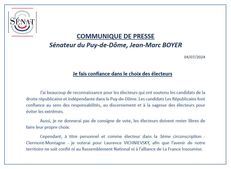BoyerJ_M's tweet photo. 📢Ma réaction suite aux résultats du 1er tour des élections législatives dans le #Puydedome : "Je fais confiance aux électeurs" ! https://t.co/W90EutiAud