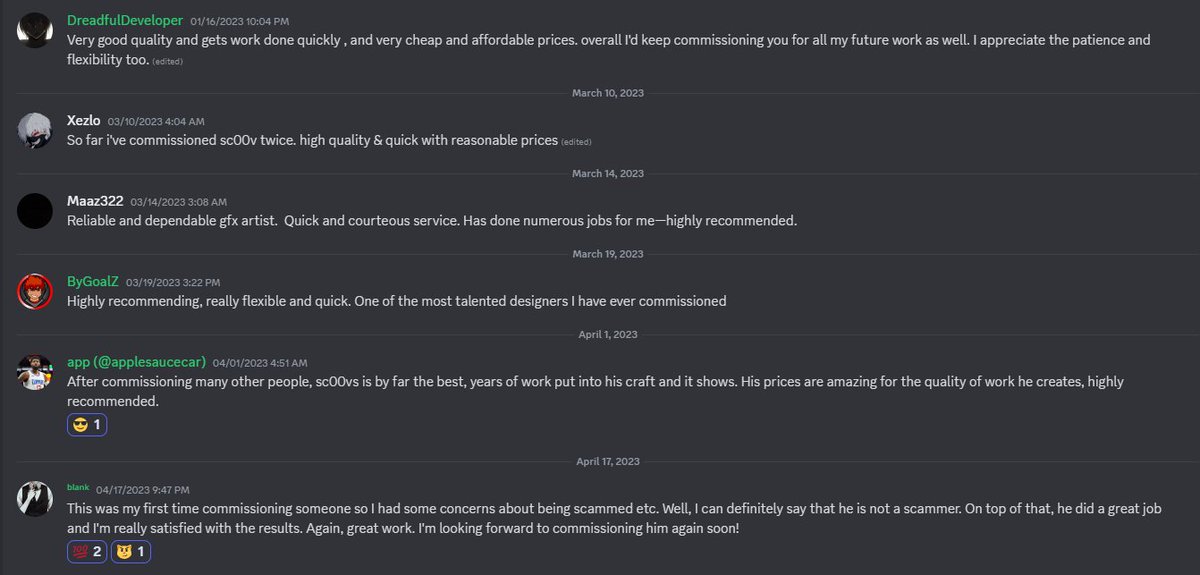 scoovz_'s tweet photo. Some vouches! Most of these people are repeat clients which is why some date back to months ago. Also as stated, I am very open to negotiating my prices! https://t.co/LbtEWZDG9U