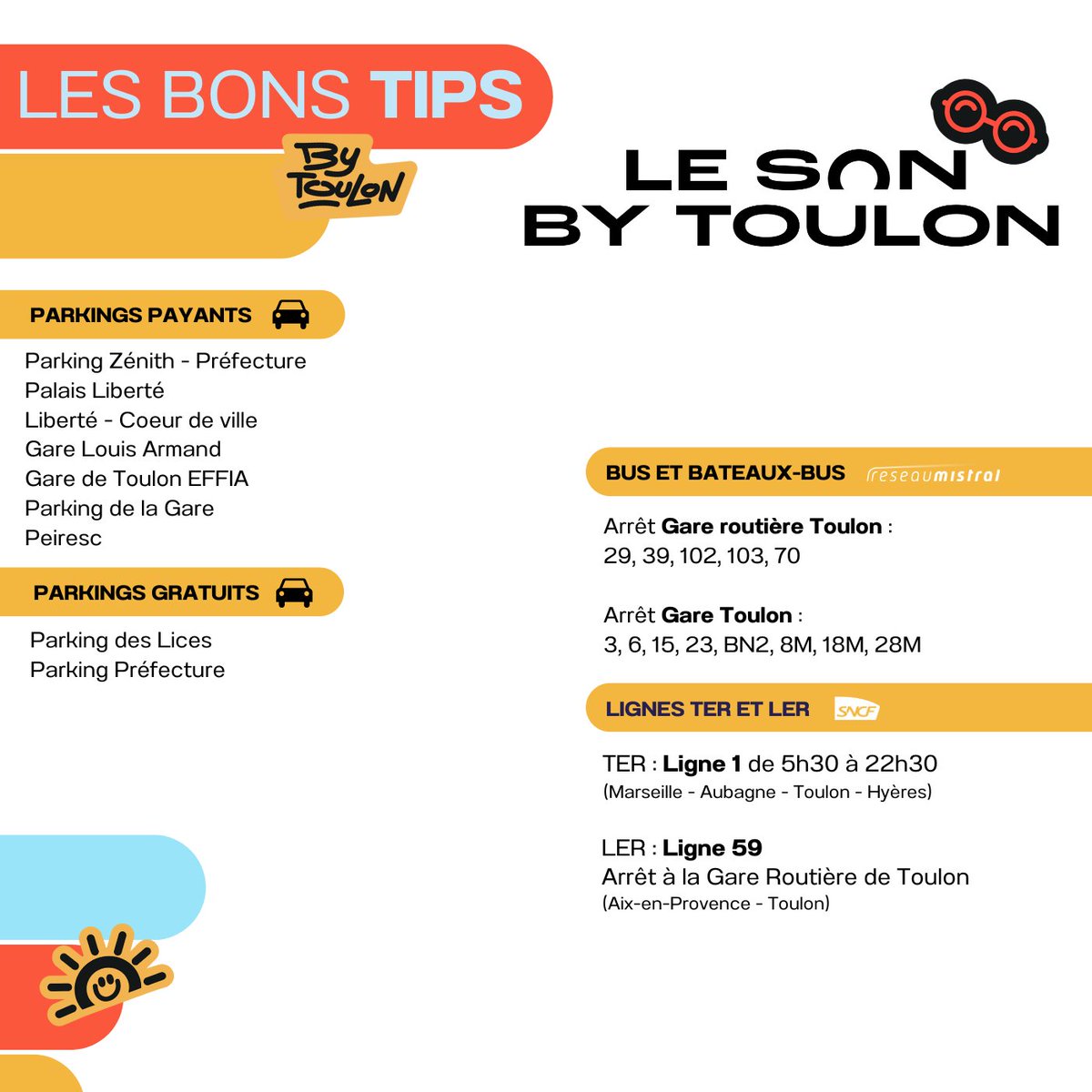 Préparez au mieux votre arrivée au Son by Toulon 🤩
⚠️ Ouverture des portes à 18h

🅿️ Le parking Quark Zénith préfecture vous propose un tarif spécial de 6€40 tous les soirs de concert entre 17h30 et 1h du matin.