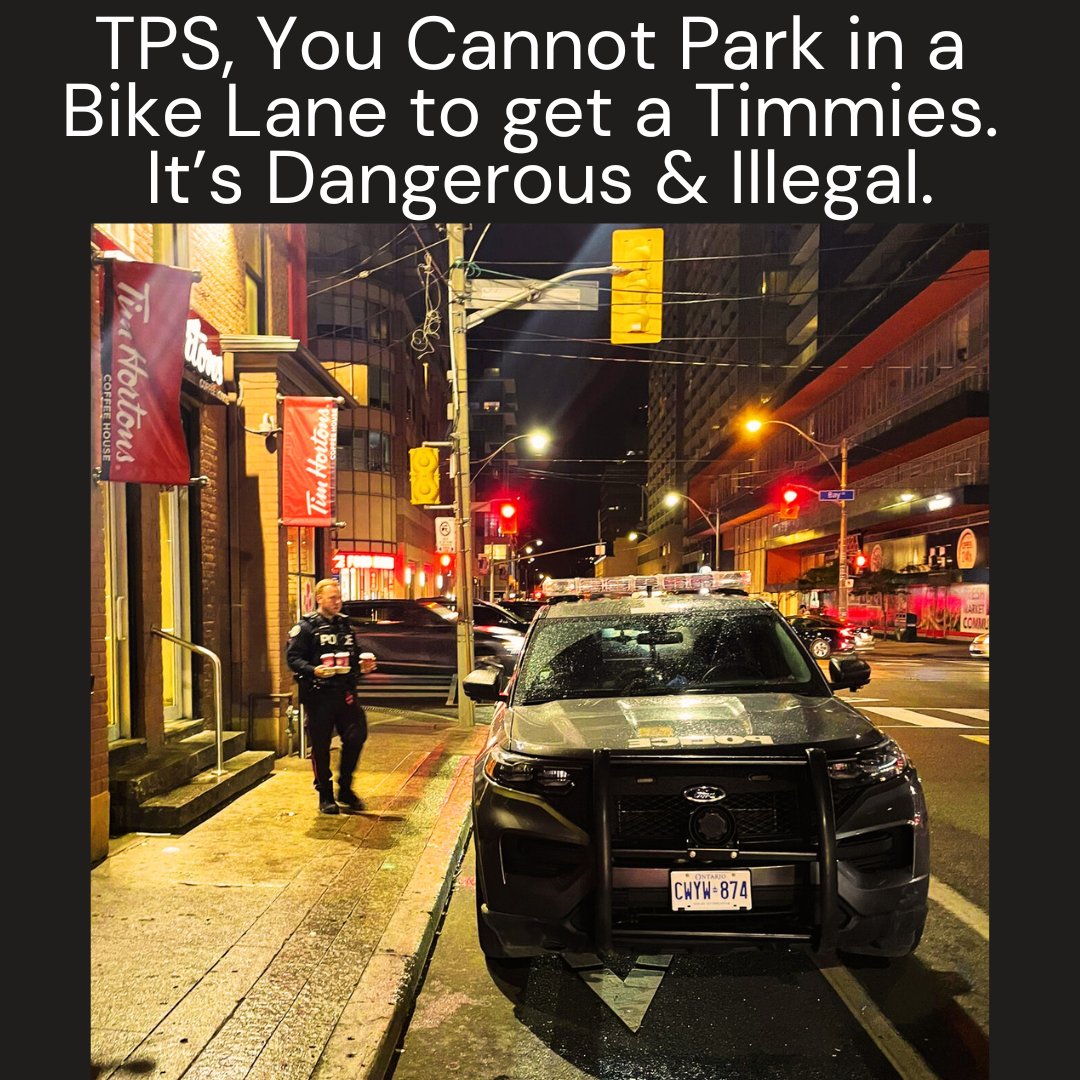🧵@Torontpolice, we have cases where cyclists have been injured navigating around blocked bike lanes. It's unacceptable to use them for parking when not on active emergency duties as permitted by municipal bylaws. Everyone loves a hot Timmies, but you cannot put VRUs at risk for