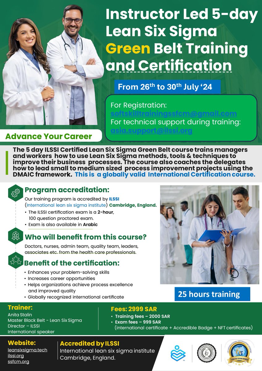 SSFCM_org's tweet photo. Calling all healthcare providers passionate about quality improvement

Elevate your skills with our online Lean Six Sigma Green Belt course

Join us in our mission to enhance patient care and streamline processes

 for registration:

softskilltrainingssfcm@gmail.com https://t.co/0RBM16Lhtx