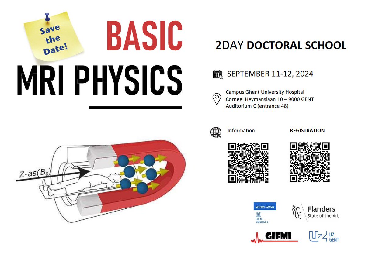 Save the date!  The annual Basic MRI Physics course will take place Sept. 11–12. More information &amp; registration: ugent.be/doctoralschool…