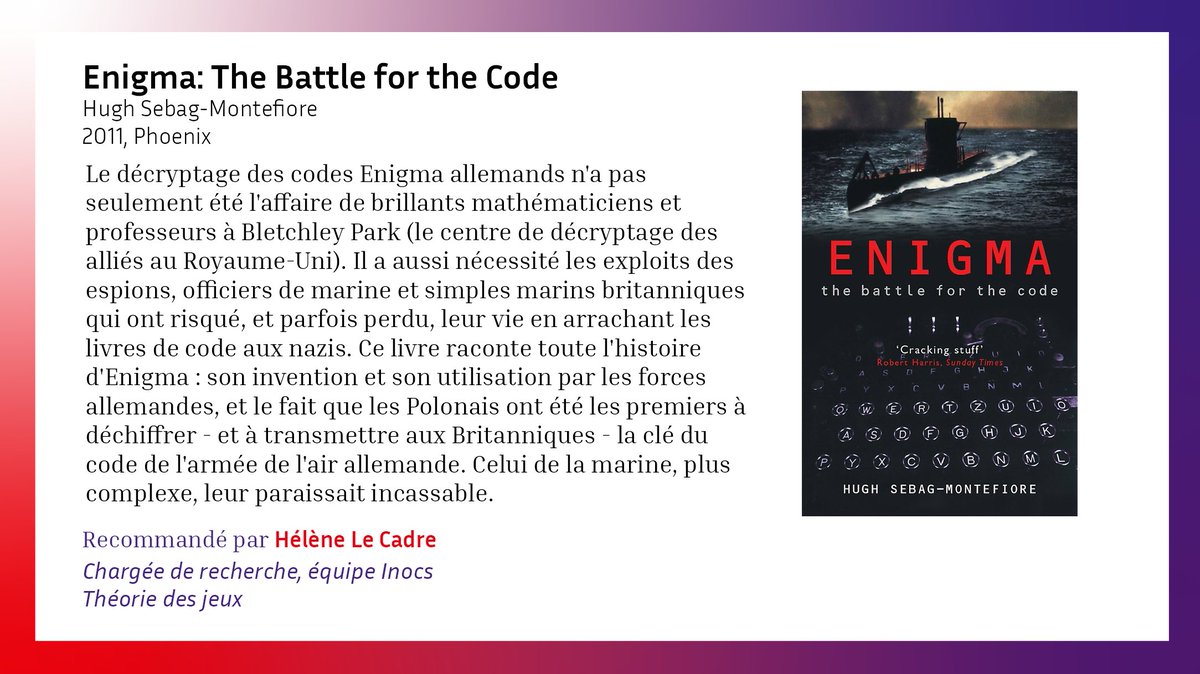 Centre Inria de l'Université de Lille (@inria_lille) on Twitter photo #ConseilLecture
🤖Alan Turing est connu pour avoir décrypté les codes de la machine Enigma. #cryptographie
🪖Mais cela lui aurait été impossible sans les espions et marins de l'armée britannique. Le livre recommandé par @HeleneLeCadre83 de <a href="/TeamINOCS/">Team INOCS</a> raconte cette histoire. #ConseilLecture
🤖Alan Turing est connu pour avoir décrypté les codes de la machine Enigma. #cryptographie
🪖Mais cela lui aurait été impossible sans les espions et marins de l'armée britannique. Le livre recommandé par @HeleneLeCadre83 de <a href="/TeamINOCS/">Team INOCS</a> raconte cette histoire.