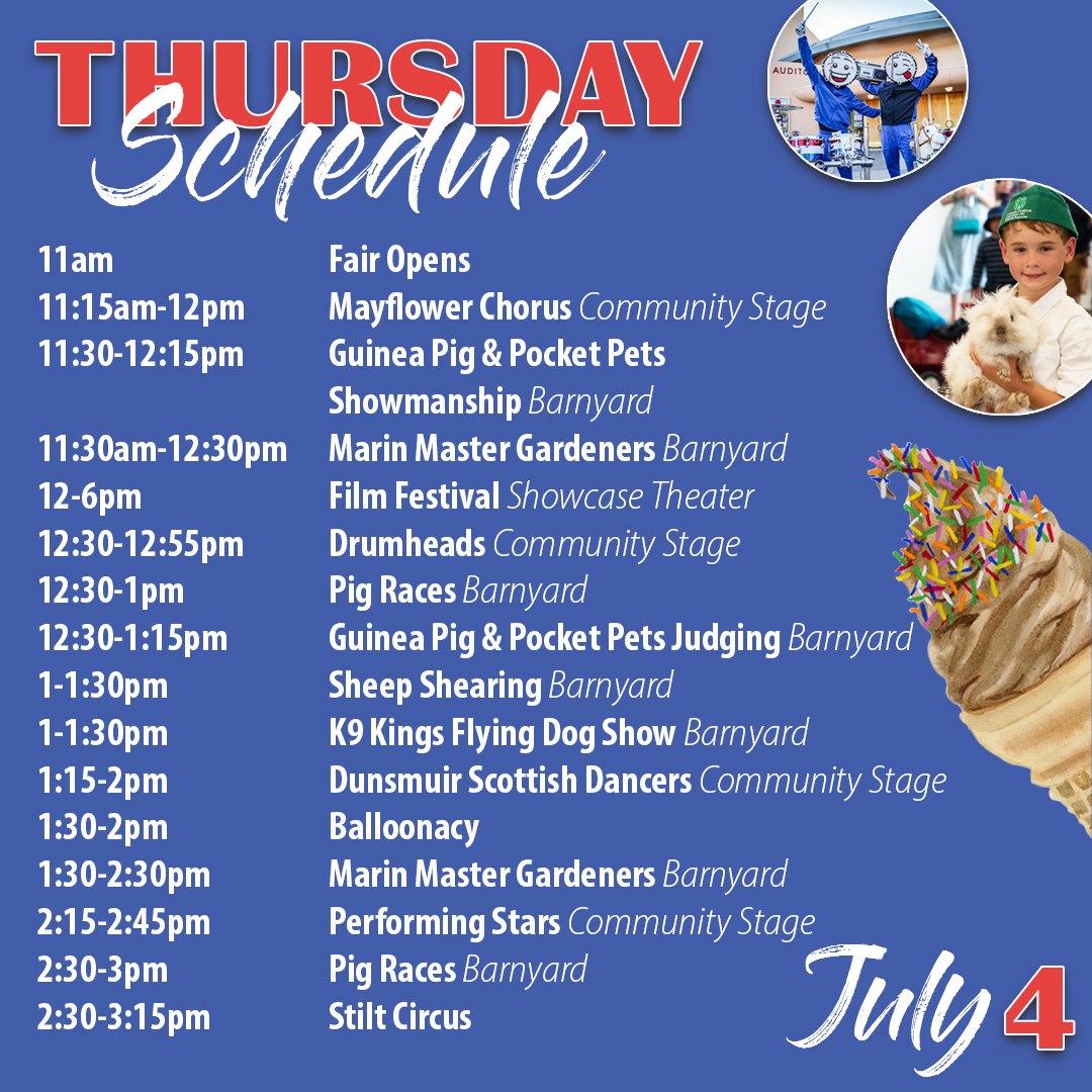 marinfair's tweet image. 🇺🇸Celebrate the 4th of July with us at the Marin County Fair! Check out the full schedule of events and join us for a day filled with fun, music, and spectacular fireworks! Don't miss out—see you at the fair! 🎡

marinfair.org/schedule

#MarinCountyFair #MarinFair #MakeASplash