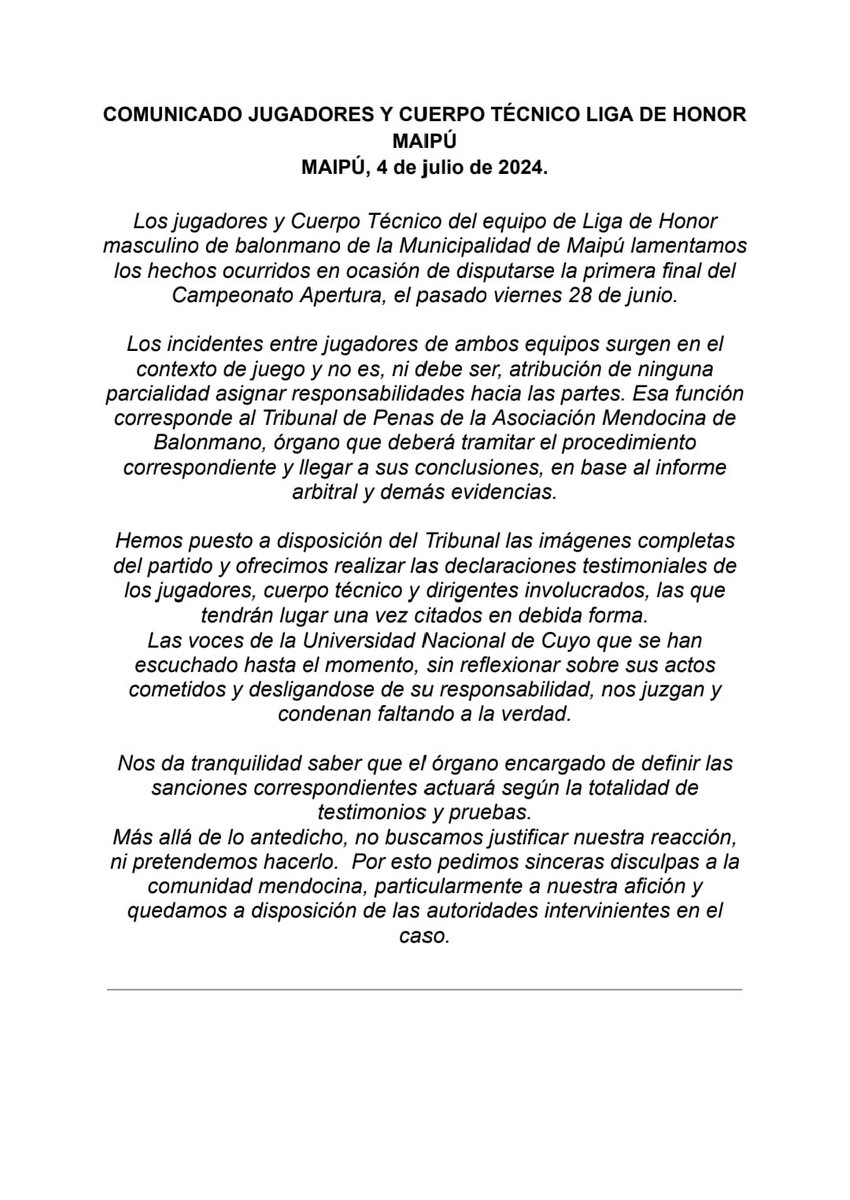 SantiGimenez160's tweet photo. Comunicado Oficial Jugadores y Cuerpo Técnico Liga de Honor Handball Municipalidad de Maipu. https://t.co/HYnWB14NdA