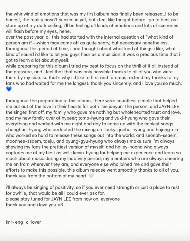 _c_1over's tweet photo. JAYN LEE instagram thanks to eng translation ☁️💌

"so that’s why i’d like to first and foremost extend my thanks to my fans who had waited for me the longest."

"(...) [thank you to] my members who are always cheering me on from wherever they are, (...)" https://t.co/I5fCA3Hvml