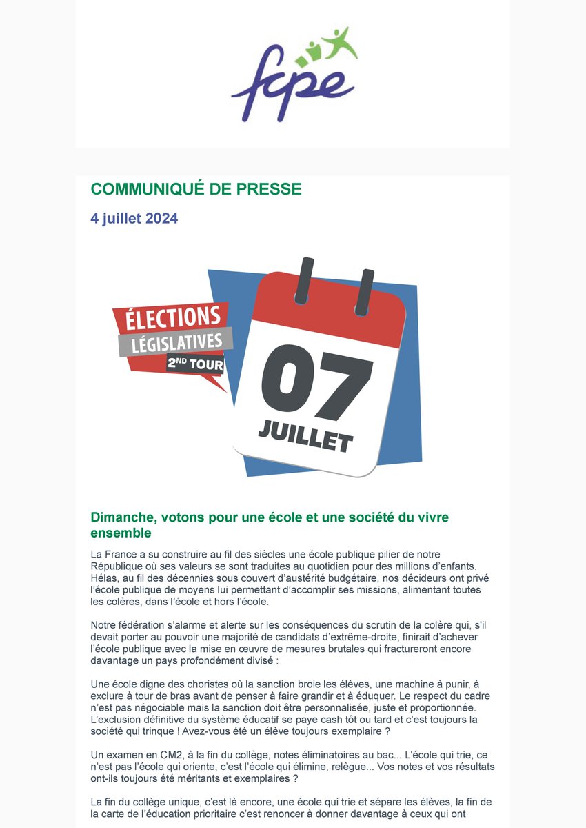 FCPE_nationale's tweet photo. Face aux enjeux du scrutin de ce dimanche 7 juillet, la #FCPE appelle tous les parents à se mobiliser pour voter et choisir un bulletin de vote qui porte une vision de l’école publique qui est l'investissement d'avenir le plus essentiel de la République ! #7juillet https://t.co/JfyNXfWS9q