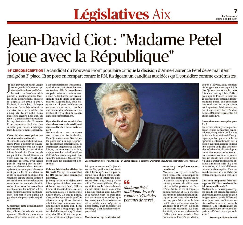 Ce dimanche 7 juillet, c'est la #République que nous devons défendre. 
Je demande à toutes les électrices et à tous les électeurs républicains en conscience de faire barrage au Rassemblement national et de voter pour ma candidature. #Elections2024 #FrontRepublicain #circo13014