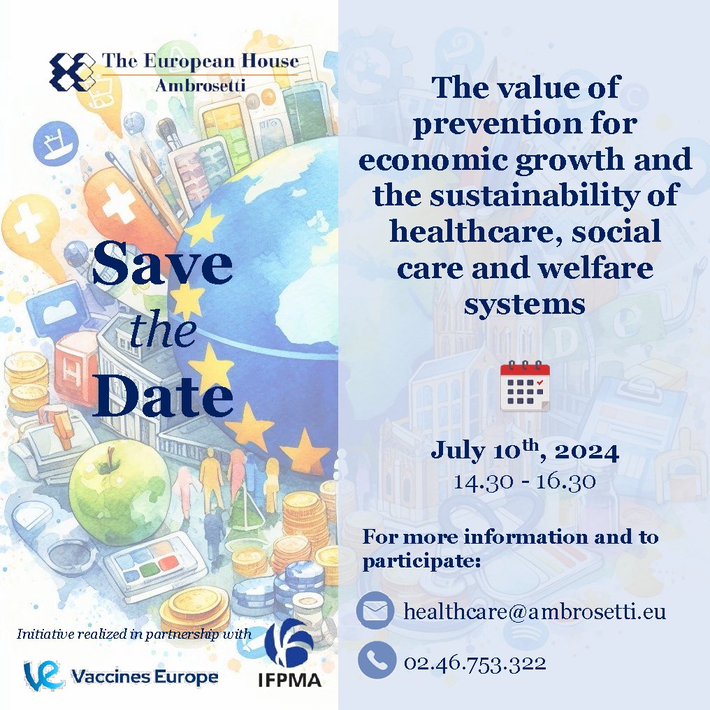 VaccinesEurope's tweet photo. Join us on 10 July for a multistakeholder discussion on the value of prevention, where experts will exchange on why prevention should be viewed as an investment, not a cost. @IFPMA @Ambrosetti_ https://t.co/MYtijCJrN3