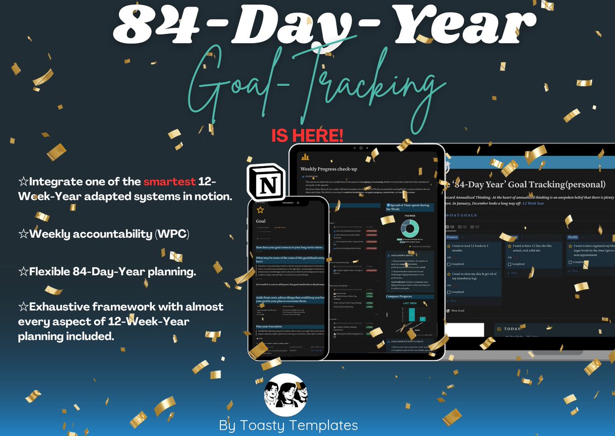 84-Day-Year has been officially published for 3 days now!

 We're so excited for you try out the ultimate notion version of the '12-Week-Year'. We've already gotten some orders so if you haven't tried out our product, you're missing out!
Check it out here: ko-fi.com/s/4b58b1cc38