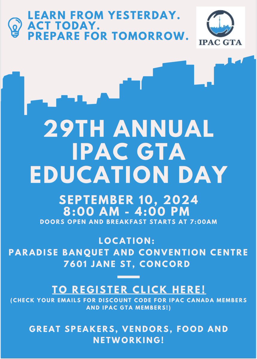 Registration is open for the 29th Annual IPAC GTA Education Day!

If you are interested in attending do not wait to register! Get your tickets before spots sell out 😀.

Tickets are $125 and can be purchased through the following link:
lnkd.in/e_pM8uft