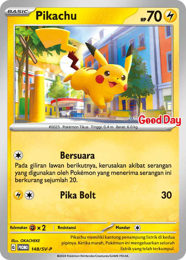 pikacards's tweet photo. New Indonesian Pikachu variant touted, "Good Day" brand stamp. Suspected to be included with certain "Good Day" product purchases. https://t.co/ujJMNtdEbV