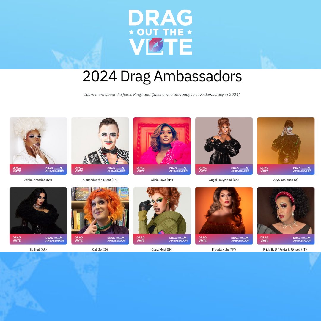 DragOutTheVote's tweet photo. This Independence Day, Drag Out The Vote is proud to announce our 2024 Drag Ambassadors!

Go to https://t.co/y3FnPQlei1 to learn more about these incredible dragtivists working to save our democracy!

🇺🇲 🏳️‍🌈 🏳️‍⚧️ https://t.co/bMuvinMYE3