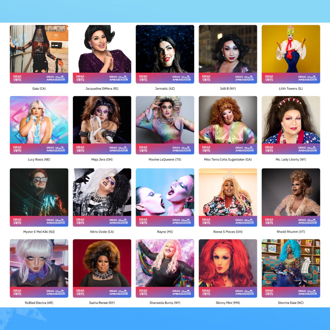 DragOutTheVote's tweet photo. This Independence Day, Drag Out The Vote is proud to announce our 2024 Drag Ambassadors!

Go to https://t.co/y3FnPQlei1 to learn more about these incredible dragtivists working to save our democracy!

🇺🇲 🏳️‍🌈 🏳️‍⚧️ https://t.co/bMuvinMYE3