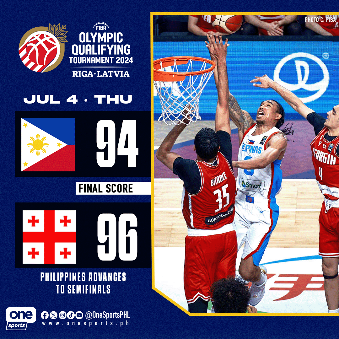 OneSportsPHL's tweet photo. HINDI PA TAPOS ANG LABAN 🇵🇭❤️‍🔥

Gilas Pilipinas are still through to the semifinals despite losing to Georgia, overcoming a 20-point deficit in their final Group A game of the FIBA Olympic Qualifying Tournament 2024.

#FIBAOQT #GilasPilipinas #PUSO https://t.co/kzFAvpmQEY