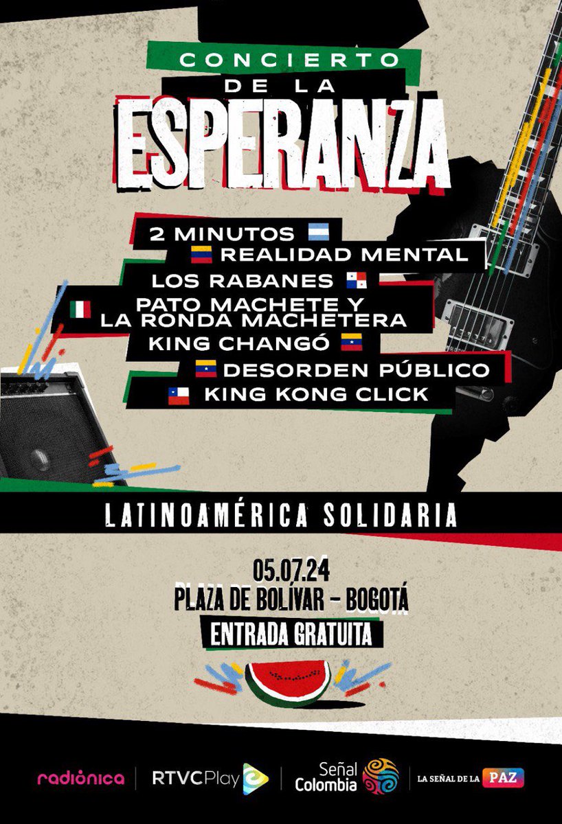 ❤️¡Vive la magia del Concierto de la Esperanza! Este 5 de julio en la Plaza de Bolívar, Bogotá, únete a nosotros para celebrar la solidaridad y la esperanza a través de la música. Disfruta de presentaciones en vivo de artistas increíbles como 2 Minutos (Argentina), Realidad