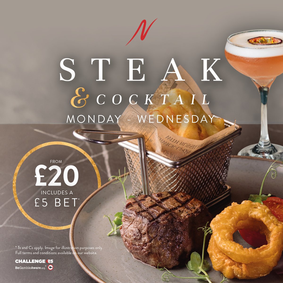 💥 NEW OFFER  - Starting Monday 8th July  💥 

Steak &amp; Cocktail Night every Monday to Wednesday throughout July 🍸🥩 

For just £20, enjoy a mouth-watering steak cooked to perfection, paired with a refreshing cocktail!