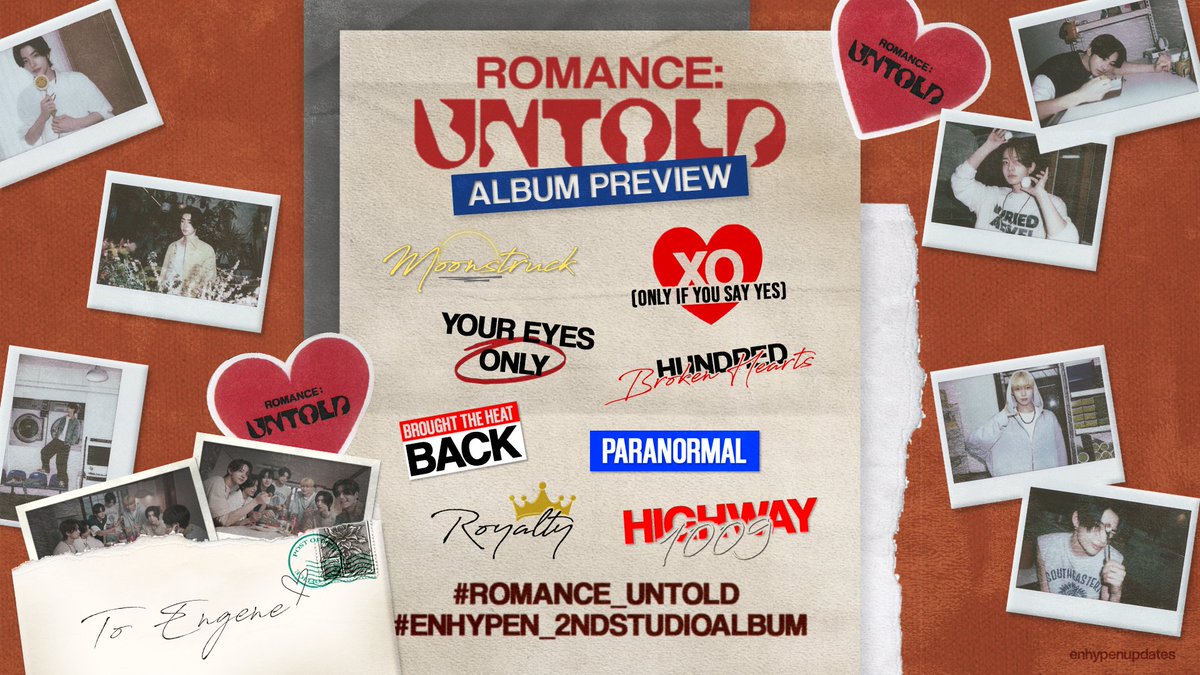 enhypenupdates's tweet photo. ENGENEs! Let's eagerly anticipate the album preview of 'ROMANCE : UNTOLD' to be released in 30 minutes. ❤️‍🔥

Get ready to hear romantic melodies from ENHYPEN and claim a track by using the tags below! 💌

🔒 1,000 Replies & RTs

ROMANCE UNTOLD PREVIEW
#ENHYPEN #ROMANCE_UNTOLD #ENHYPEN_2ndStudioAlbum @ENHYPEN_members @ENHYPEN