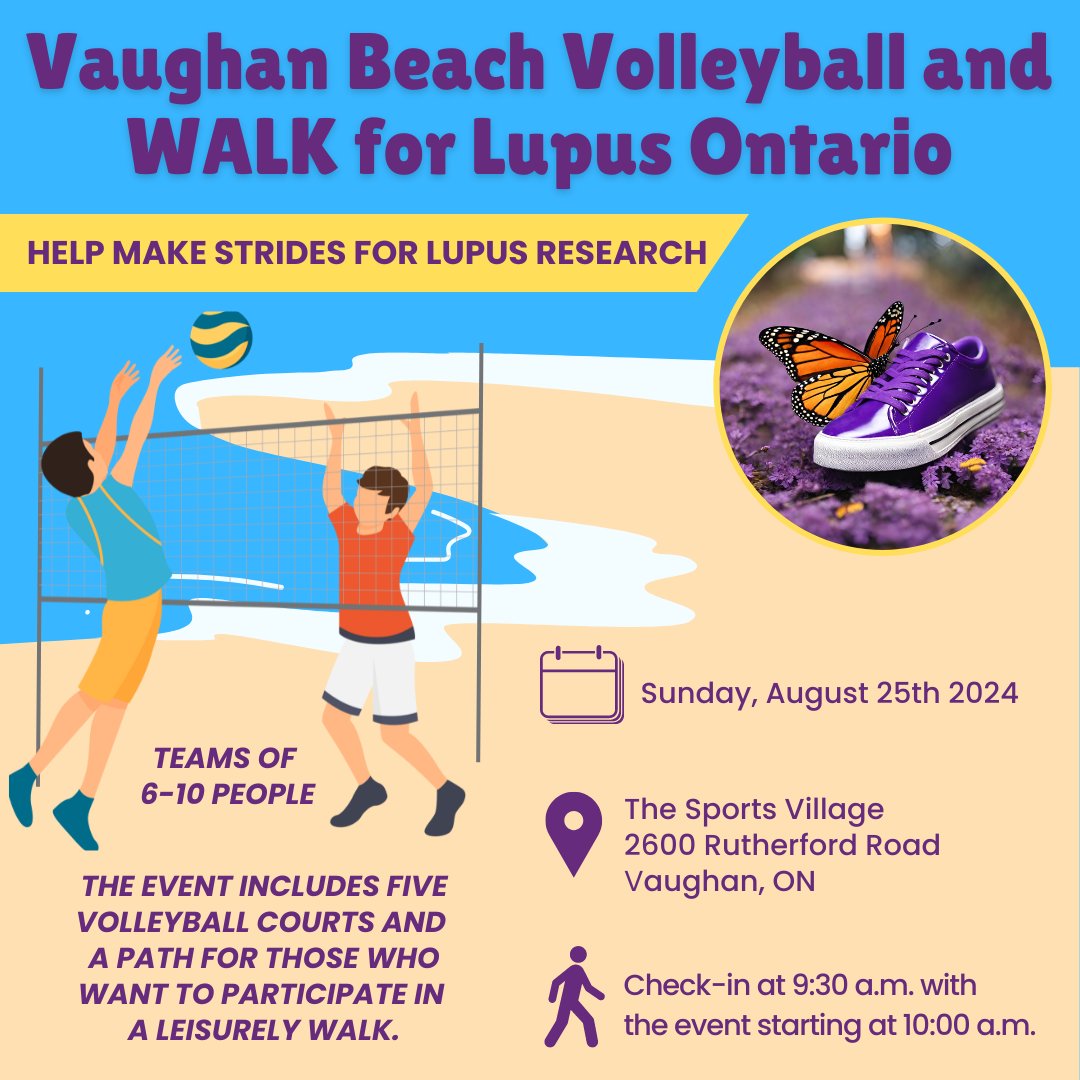 Vaughan Beach Volleyball &amp; WALK for Lupus Ontario is taking place on SUNDAY, August 25th at The Sports Village🏐👣

Register for the event by heading over to SUPPORT.LUPUSONTARIO.ORG