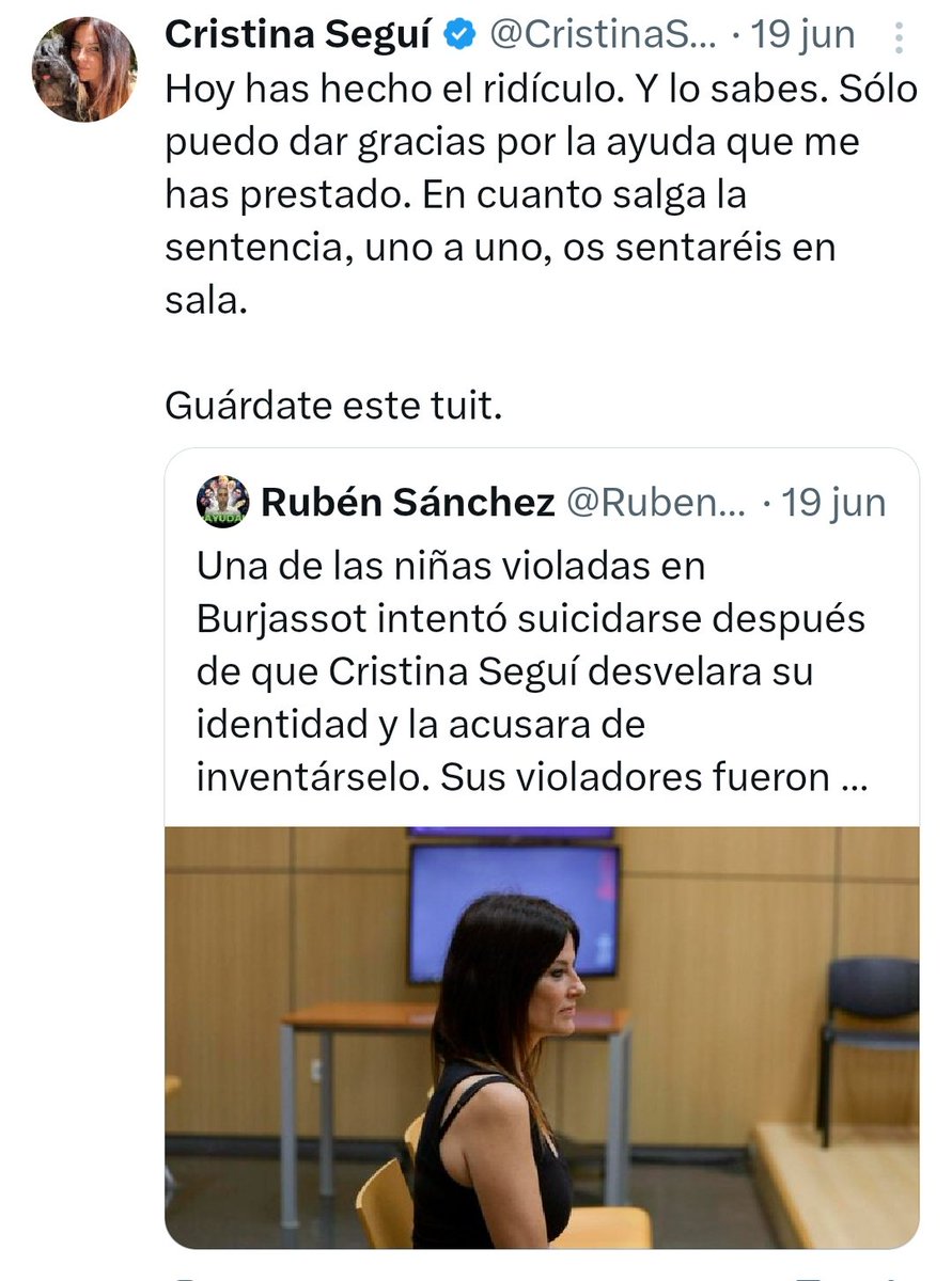 Lo guardé. 15 meses de cárcel, 12.000 de indemnización más las costas procesales.

Cristina Seguí dijo que mi papel como testigo iba a ser determinante para la sentencia.
x.com/CristinaSegui_…