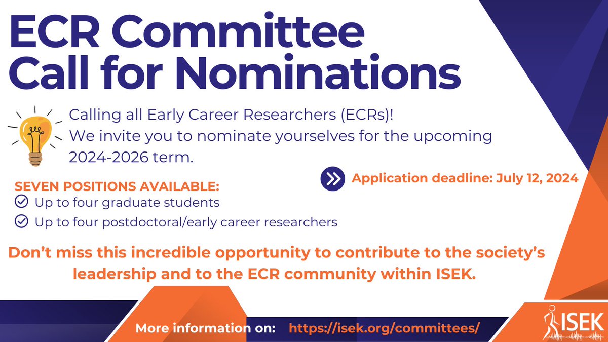We invite Early Career Researcher (ECR) members of ISEK to nominate themselves for the ECR Committee for the upcoming 2024-2026 term.

isek.org/committees/