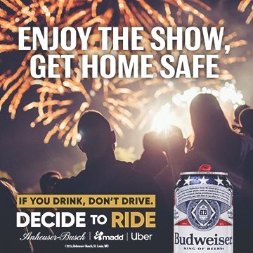 If you’re planning on picking up a <a href="/Budweiser/">Budweiser</a> this Fourth of July, be sure to grab a safe ride home while you’re at it. Celebrate Independence Day safely and #DecideToRide with <a href="/Uber/">Uber</a>, <a href="/AnheuserBusch/">Anheuser-Busch</a> and <a href="/MADDNational/">MADD</a>. 🇺🇸🍻