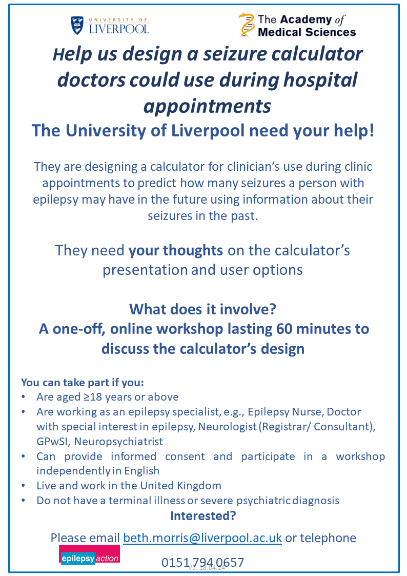 ljbcmshe's tweet photo. *NEW DATE ADDED* 
@LivUni need help designing a #seizure prediction webtool! Join their workshop on Thursday 18th July, 2-3pm, to share your thoughts. Workshops are open to #epilepsy specialists who work in adult services in the UK. 
Contact: beth.morris@liverpool.ac.uk https://t.co/VkkfyzYYrB
