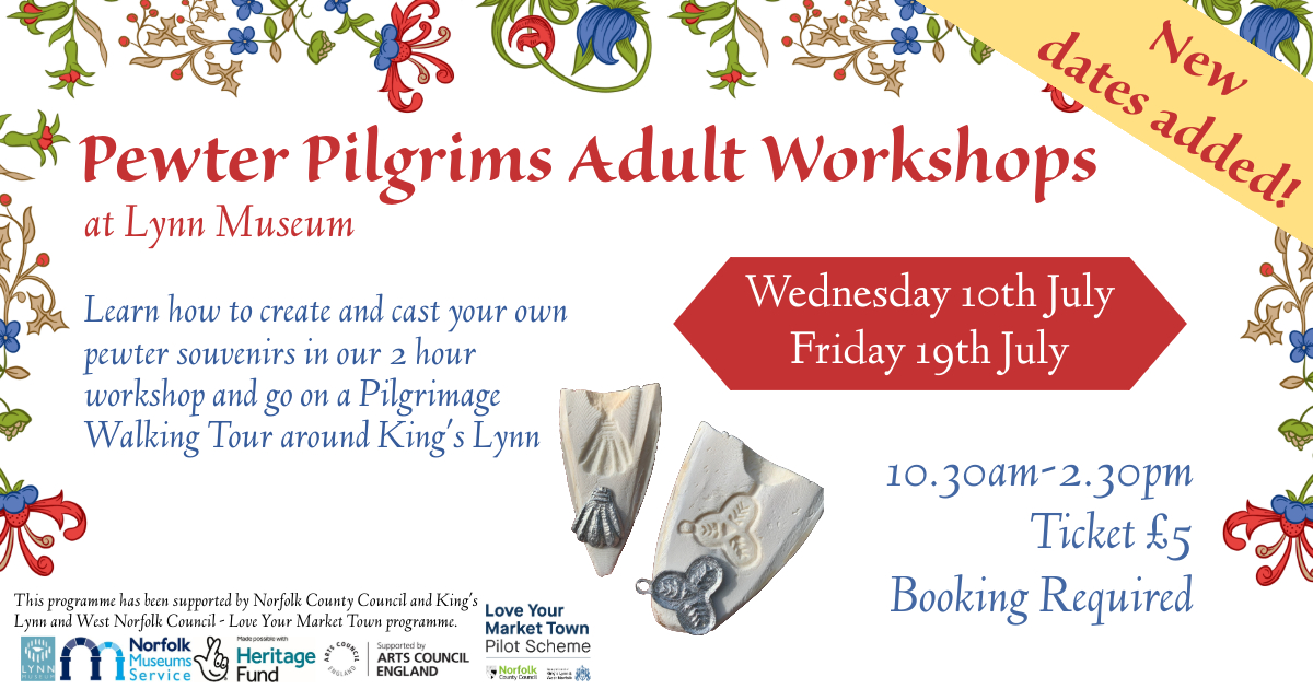 Lynn_Museum's tweet photo. 🔥 Back by popular demand - Pewter Pilgrims Adult Workshops at Lynn Museum on Wednesday 10 and Friday 19 July! 🔥

Learn how to cast your own pewter souvenirs, plus go on a Pilgrimage Walking Tour!  

🎟️Tickets £5. Book here: https://t.co/Hl6Hd6gLQ7

@visitnorfolk https://t.co/33hc8WZDqj