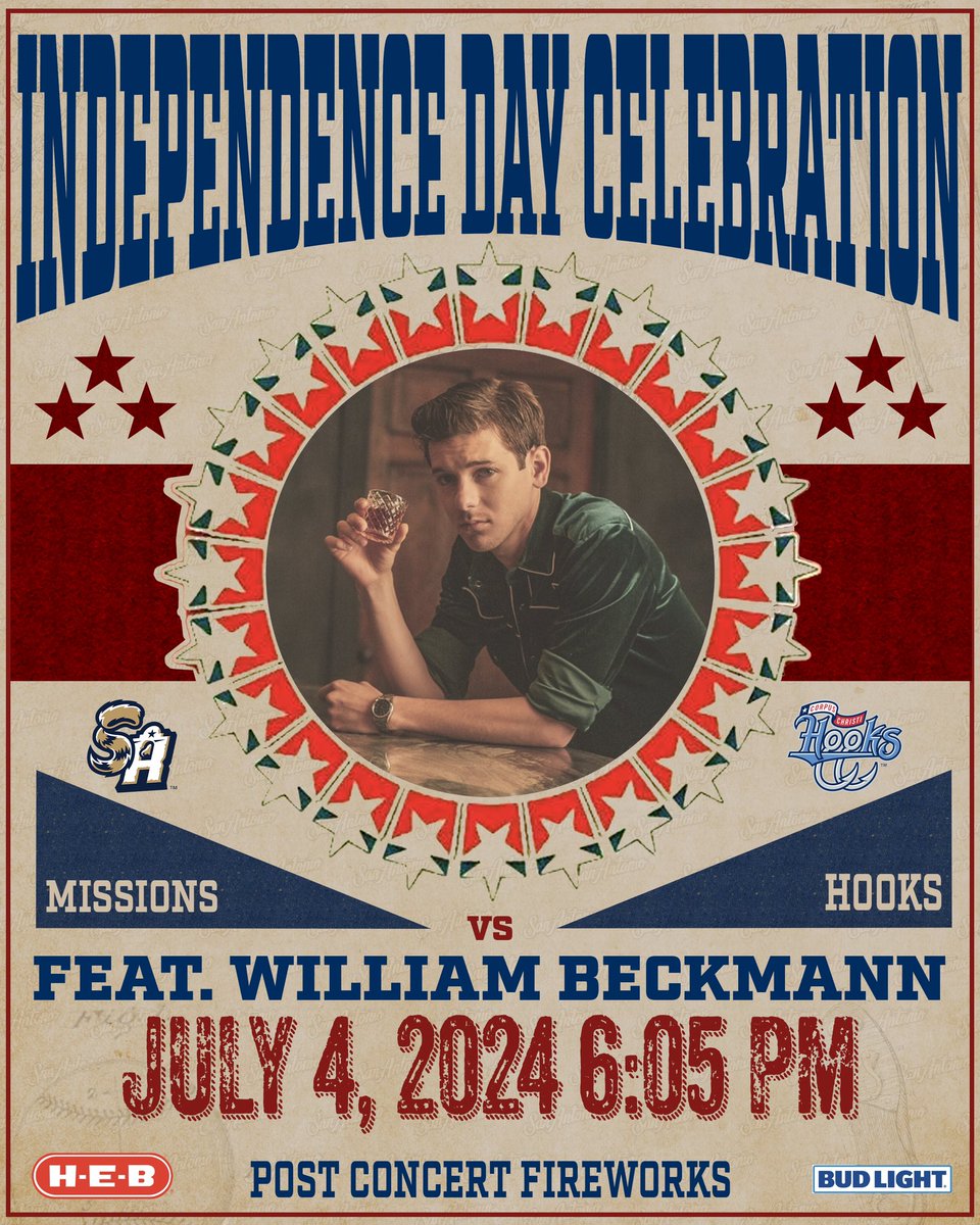 Happy Independence Day 🇺🇸
Come celebrate at The Wolff with our <a href="/HEB/">H-E-B</a> Independence Day Celebration as the Missions take on the <a href="/cchooks/">Corpus Christi Hooks</a>! ⚾️
🤠 Postgame concert with William Beckmann
🎆 Post concert fireworks thanks to <a href="/budlight/">Bud Light</a> 
🎟️: bit.ly/3UdHAgt