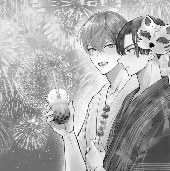 頂いた💌のお礼イラストができた!印刷発注したので月末頃にお届けできると思います🫶(現物はカラーです
今年は浴衣で花火大会いけてよかったねの巻🤗

#キスだけじゃガマンできない 