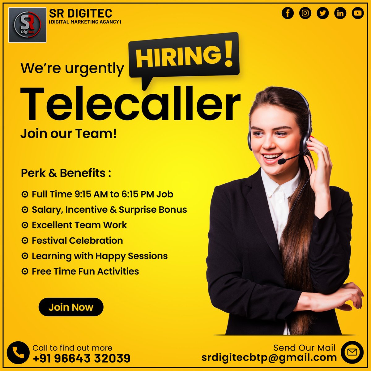 Srdigitec's tweet image. 📢 We&apos;re Urgently Hiring! | SR Digitec
➡️ Telecaller - Join our Team!

Contact Details:
☎ 096643 32039, 9024745518
📧 Email: srdigitecbtp@gmail.com
✅ WhatsApp Chat: wa.link/y42o58

#srdigitec #itcompany #urgentlyhiring #hiring #telecaller #teamwork
