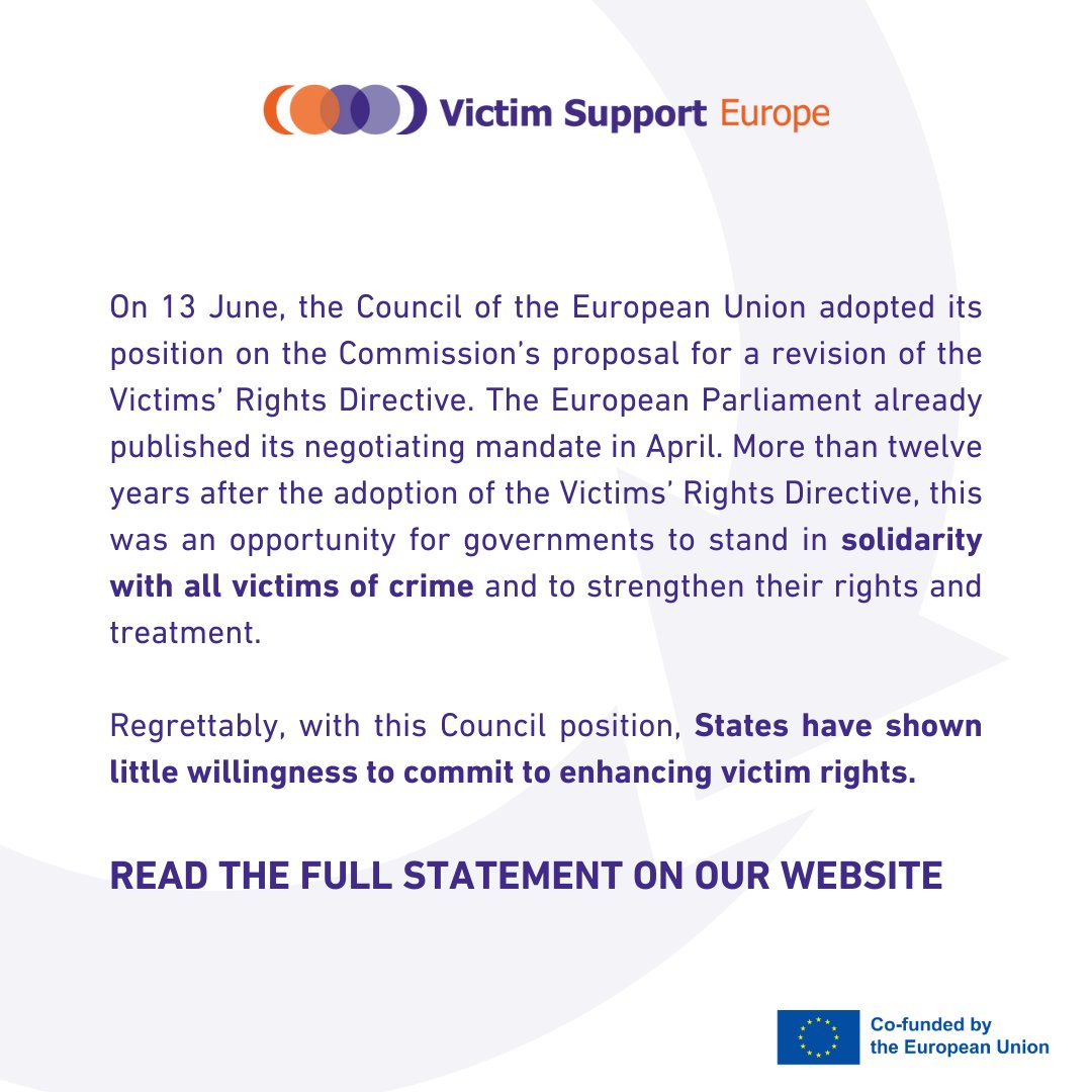 VictimSupportEU's tweet photo. On 13 June, the Council of the EU adopted its position on the Commission’s proposal for a revision of the Victims’ Rights Directive. VSE and the following 49 organisations call for a robust implementation of this directive!

Read: https://t.co/Xt8dbQ0j2F https://t.co/3XaINMJtSV