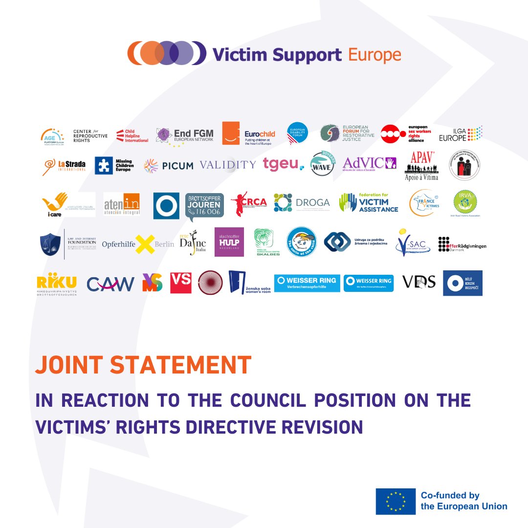 VictimSupportEU's tweet photo. On 13 June, the Council of the EU adopted its position on the Commission’s proposal for a revision of the Victims’ Rights Directive. VSE and the following 49 organisations call for a robust implementation of this directive!

Read: https://t.co/Xt8dbQ0j2F https://t.co/3XaINMJtSV