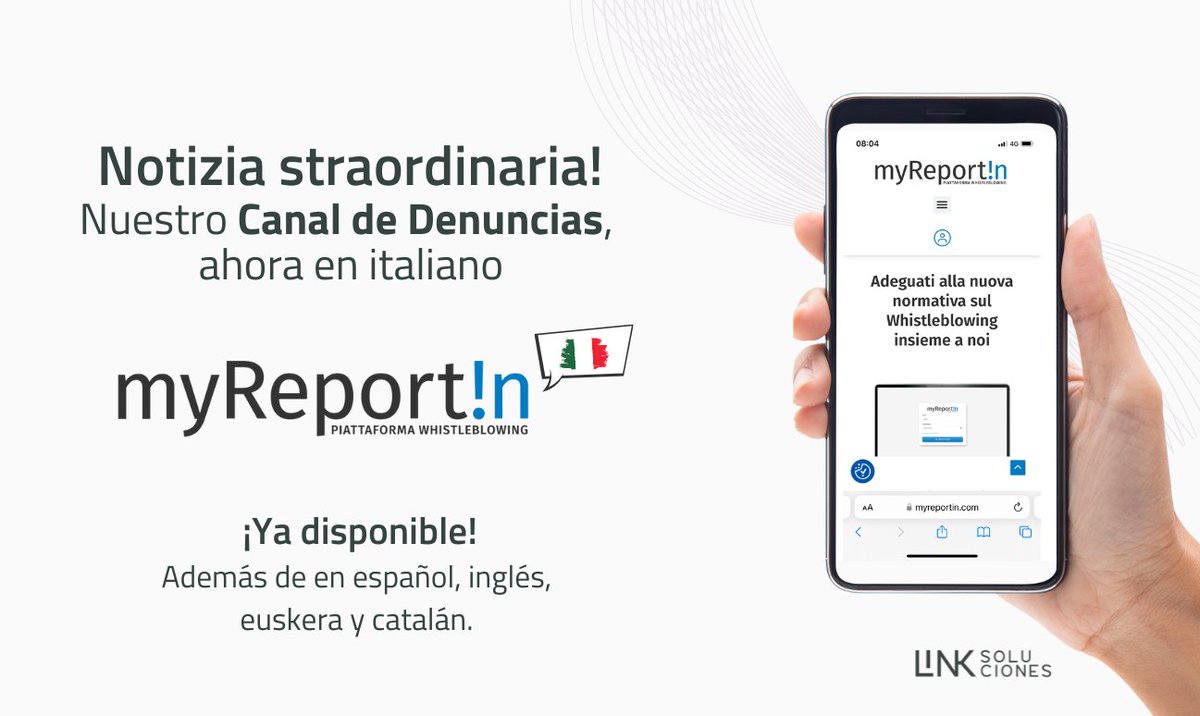 Notiza straordinaria! Nuestro Canal de #Denuncias, ahora en italiano 🇮🇹

En nuestro compromiso continuo de mejorar y expandir nuestras soluciones, hemos lanzado la versión italiana de myReport!n.

 ▶️ bit.ly/4cHLfv7 

 #whistleblowing #nuestrocompromisoerestú