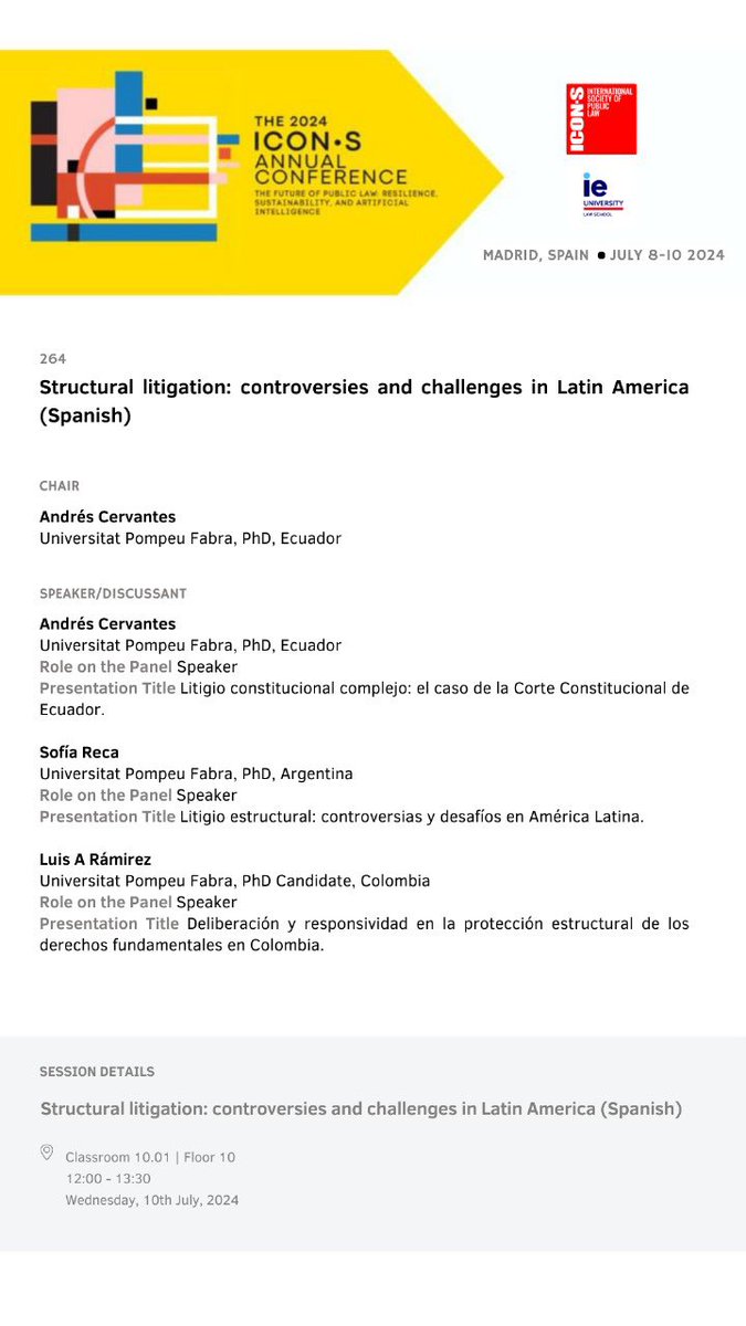 Next wednesday we are talking about “structural litigation in domestic and international courts” at the #ICCONconference in Madrid with <a href="/ACervantes_EC/">Andrés Cervantes</a> and <a href="/LuisAlejRam/">Luis Alejandro Ramírez</a>