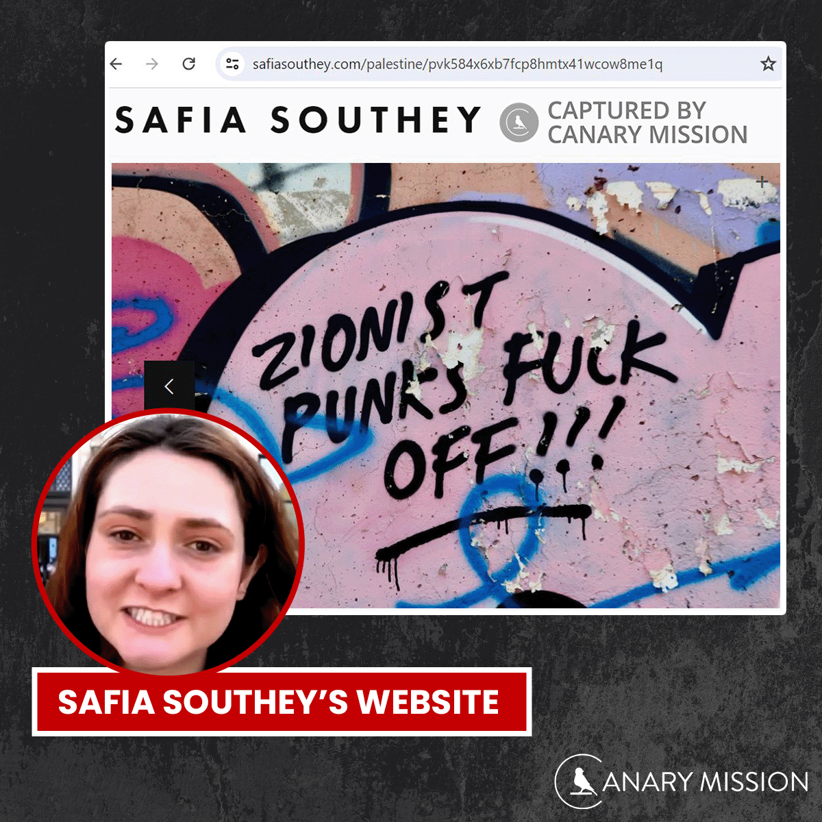 Safia Southey, a JD candidate <a href="/ColumbiaLaw/">Columbia Law School</a> &amp; legal researcher <a href="/amnesty/">Amnesty International</a>, participated in the illegal encampment <a href="/Columbia/">Columbia University</a>. Her website features a picture with the words: “ZIONIST PUNKS F*** OFF!!!” canarymission.org/individual/Saf…