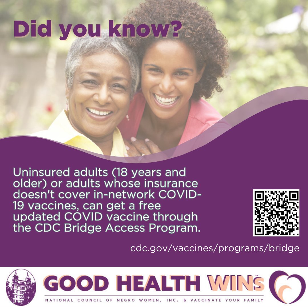 Vaxyourfam's tweet photo. Now until August 31st, 2024 if you are 18 years or older, are uninsured, or have an insurance plan that does not cover COVID-19 vaccines you are eligible for the CDC Bridge Access Program!

 More info [https://t.co/XXZa0jpYe3]
 @GoodHealthWINs 
 #VaxYourFam #GoodHealthWins https://t.co/u0xK7o54ZJ