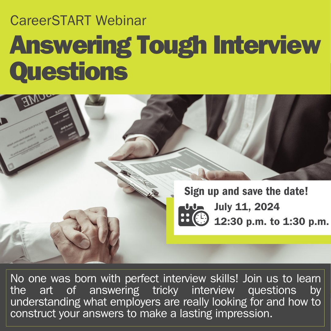 Struggling with tough interview questions? 

🌟 Join our webinar on July 11 and learn the secrets to making a lasting impression. Register now to receive the Zoom link in your myCentennial email a day before the session. 

Register now experience.centennialcollege.ca/myAccount/care…