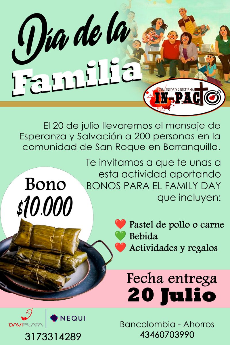 alexanillo's tweet photo. 🌱 SIEMBRA SEMILLAS DE AMOR Y ESPERANZA!
El 20 de julio llevaremos Esperanza y Salvación a San Roque en Bquilla. Te invitamos a que te unas aportando *BONOS  que incluyen:
❤️ Pastel de pollo o carne 
💚 Bebida
*Valor $ 10.000*
🌟 *¿A cuántas personas bendecirás en esta actividad? https://t.co/lmJLeuTKZl