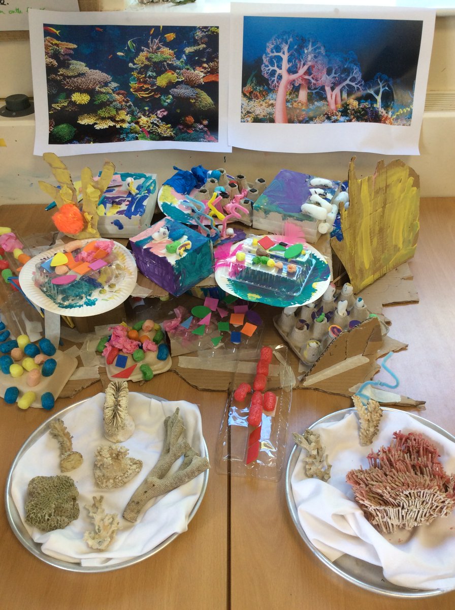 PennowethS's tweet photo. This week, the children have been learning about coral. Ms Marno brought in lots of different coral skeletons to investigate. We watched videos of coral reefs and the children have been fascinated at the different colours and shapes.They then decided to make their own coral reef! https://t.co/8ODQXwwEhh