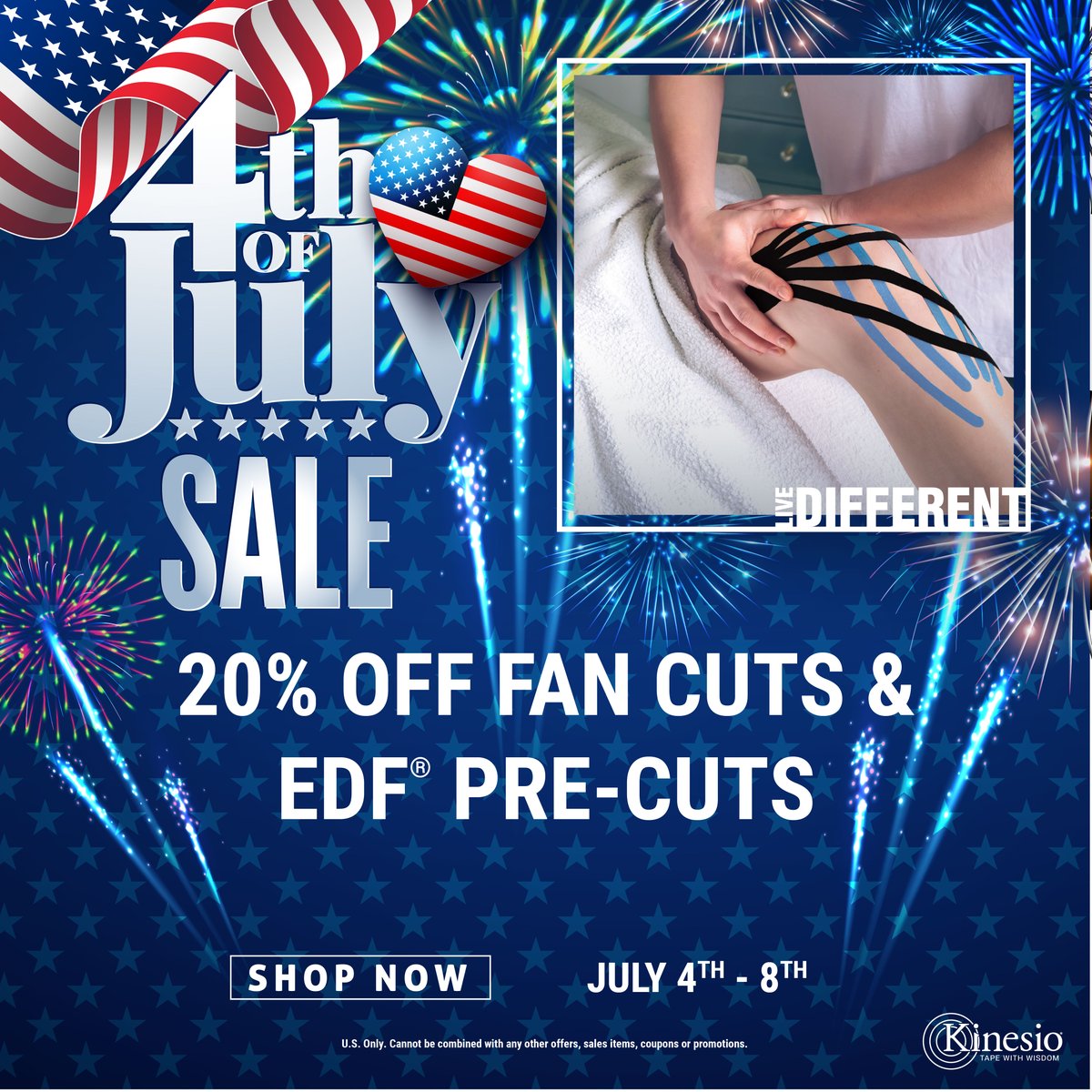 4th of July Sale! Receive 20% Off of Kinesio Fan Cuts and EDF Pre-Cuts KinesioTape.com #4thofJuly #july4th #julyfourth #redwhiteandblue #kinesiotape #kinesiotaping #sale #painrelief #deal #kinesio #tapewithwisdom #kinesiolivedifferent