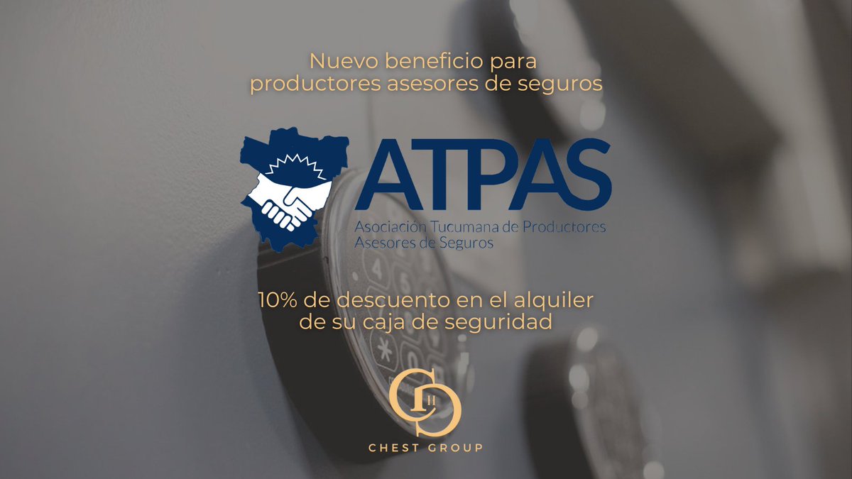 chest_group's tweet photo. ¿Sos productor asesor de seguros agupado en ATPAS? Si es así disponés de un descuento en tu caja de seguridad! Comunicate y te asesoramos

🖥 https://t.co/z1ZUtM2D0x
📱+54 381 206-5168
📩chgr.consultas@chestgroup.com.ar

#chestgroup #atpas #cajasdeseguridad #segurosdevida https://t.co/dNskDfeEiy