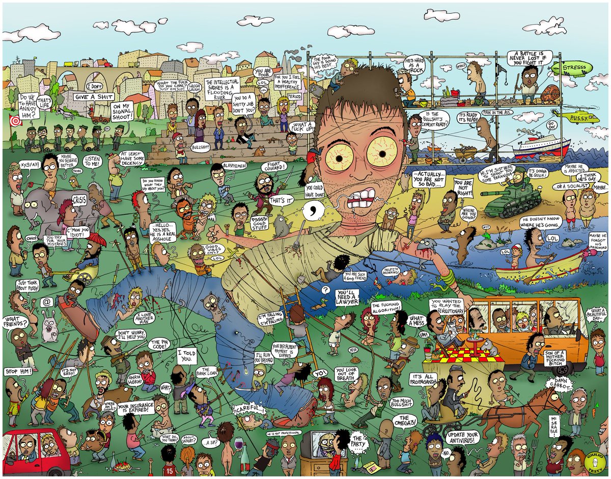 <a href="/GiulioTesty/">GiulioTesty</a>'s artwork is a vibrant and chaotic tapestry, filled with intricate details and humorous dialogue. Each character and scene bursts with personality, crafting a satirical snapshot of human behavior and social commentary.
