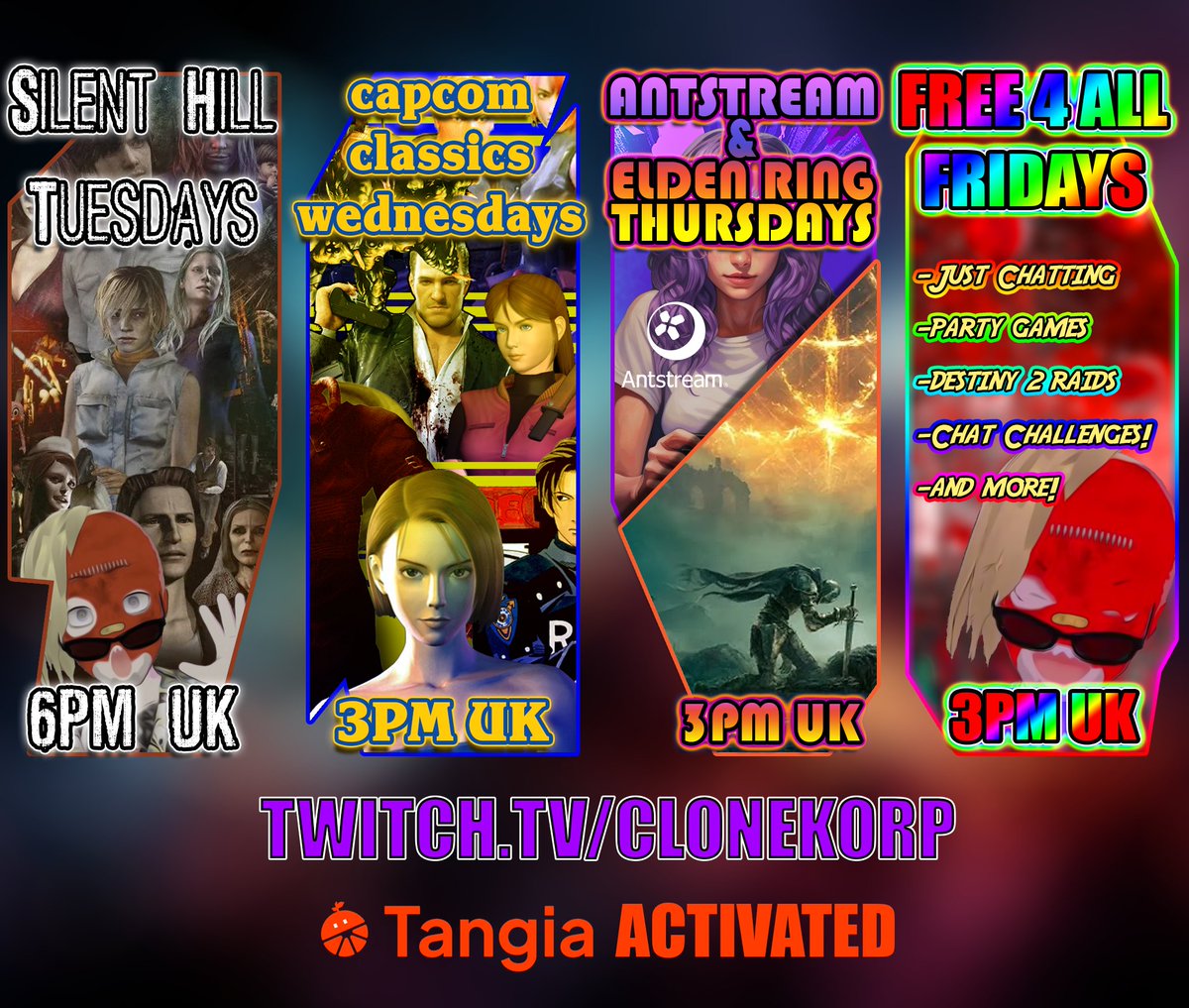 CloneKorp's tweet photo. 🚨New Weekly Schedule!🚨

Featuring Games from Konami, Capcom, Bandai Namco, AntstreamArcade, Bungie and more!

Including games such as: Silent Hill 2/3/4, Elden Ring, Resident Evil, Dino Crisis, Dead Rising Series, Street Fighter + Retro Days
[Fully interactive with @TangiaCo !] https://t.co/LBzCeAKa0E