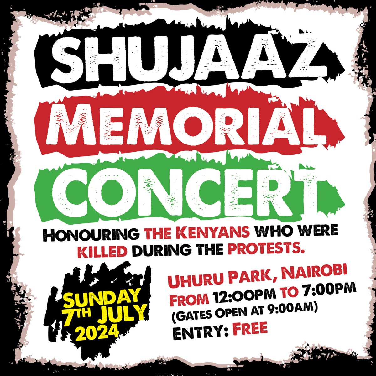 The ShuGenz Memorial concert to honour our heroes who died during the protests is on Sunday 7th July, from 12:00-7:00 pm. <a href="/SakajaJohnson/">Sakaja Arthur Johnson</a> has opened Uhuru Park and will provide county security. More details to follow. Tag a friend, an artist. Bring flowers. #ShuGenZMemorialConcert